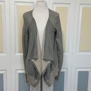 Cabi 5132 Gray Open Front Grey Cardigan Sweater Small S Draped Knit Striped Trim